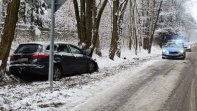 Photo of Ślisko i niebezpiecznie na niektórych drogach w Piotrkowie. Auto z dziećmi uderzyło w drzewo